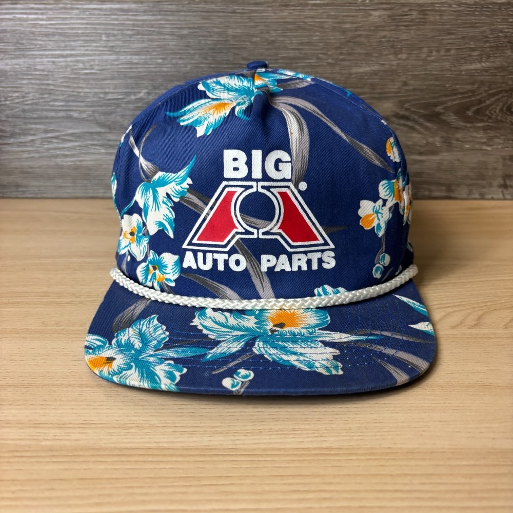 Vintage Big Auto Parts Hat Cap Strap Back Blue Trucker Floral Adjustable